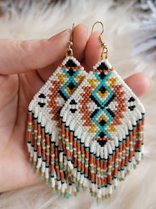 ☆ ON SALE! ☆Large white beaded fringe earrings