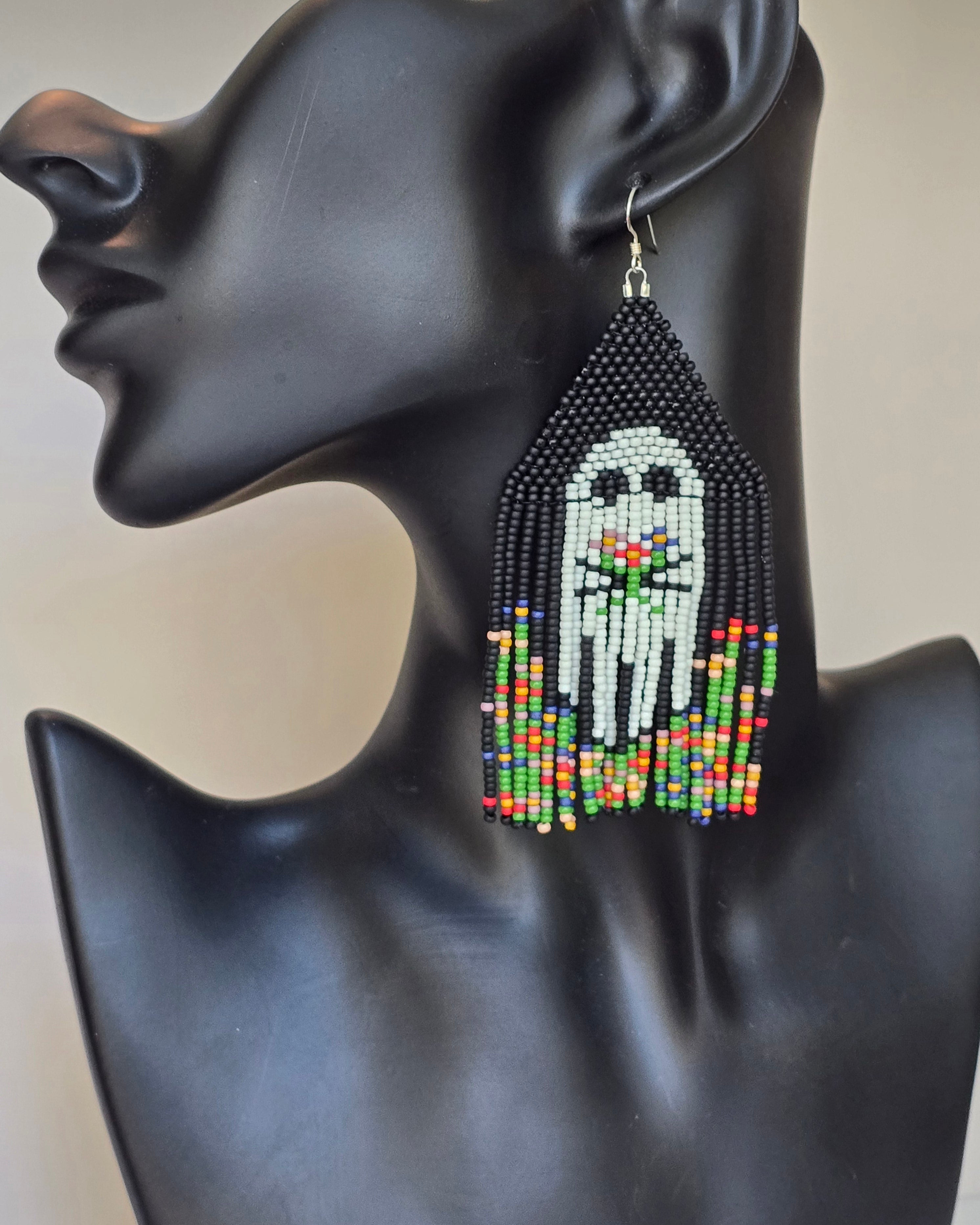 Floral ghost beaded fringe earrings